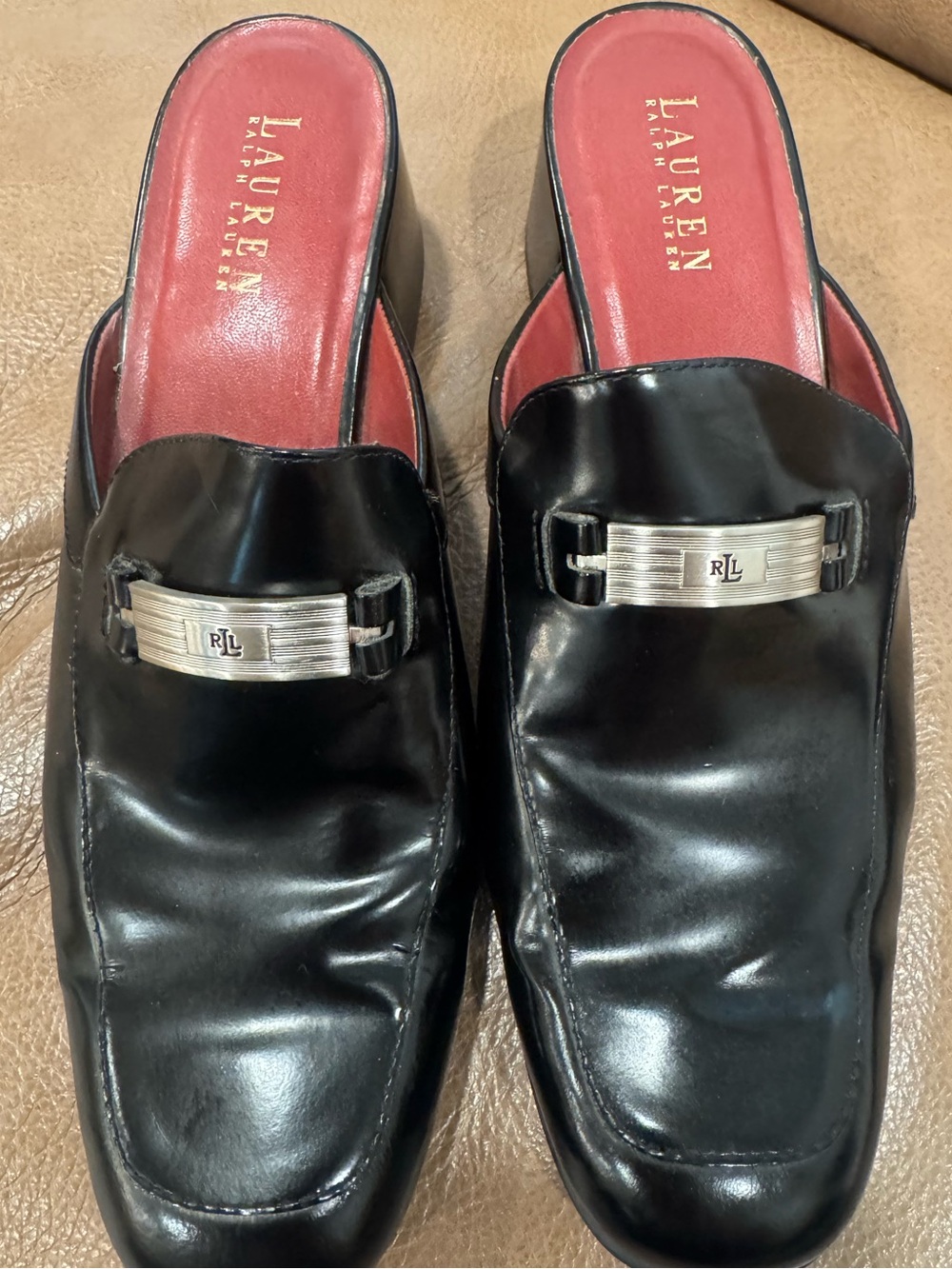 RLL Ralph Lauren Black Leather Slip-On Block Heel Mule Shoes Loafers